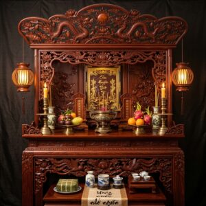 Án Gian Thờ Gia Tiên Chạm Sen & Ngũ Phúc Gỗ Hương Đá