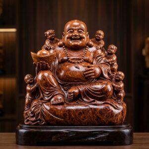 Tượng Phật Di Lặc Ngũ Phúc Kéo Bao Tiền Gỗ Hương Đá Nguyên Khối