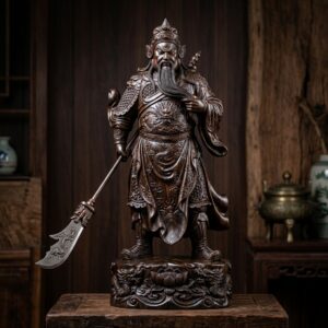 Tượng Quan Công Đứng Chống Đao Trấn Trạch Gỗ Mun Sừng Cao Cấp