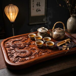 Khay Trà Rồng Cuộn Gỗ Hương Nguyên Khối Mỹ Nghệ Cao Cấp
